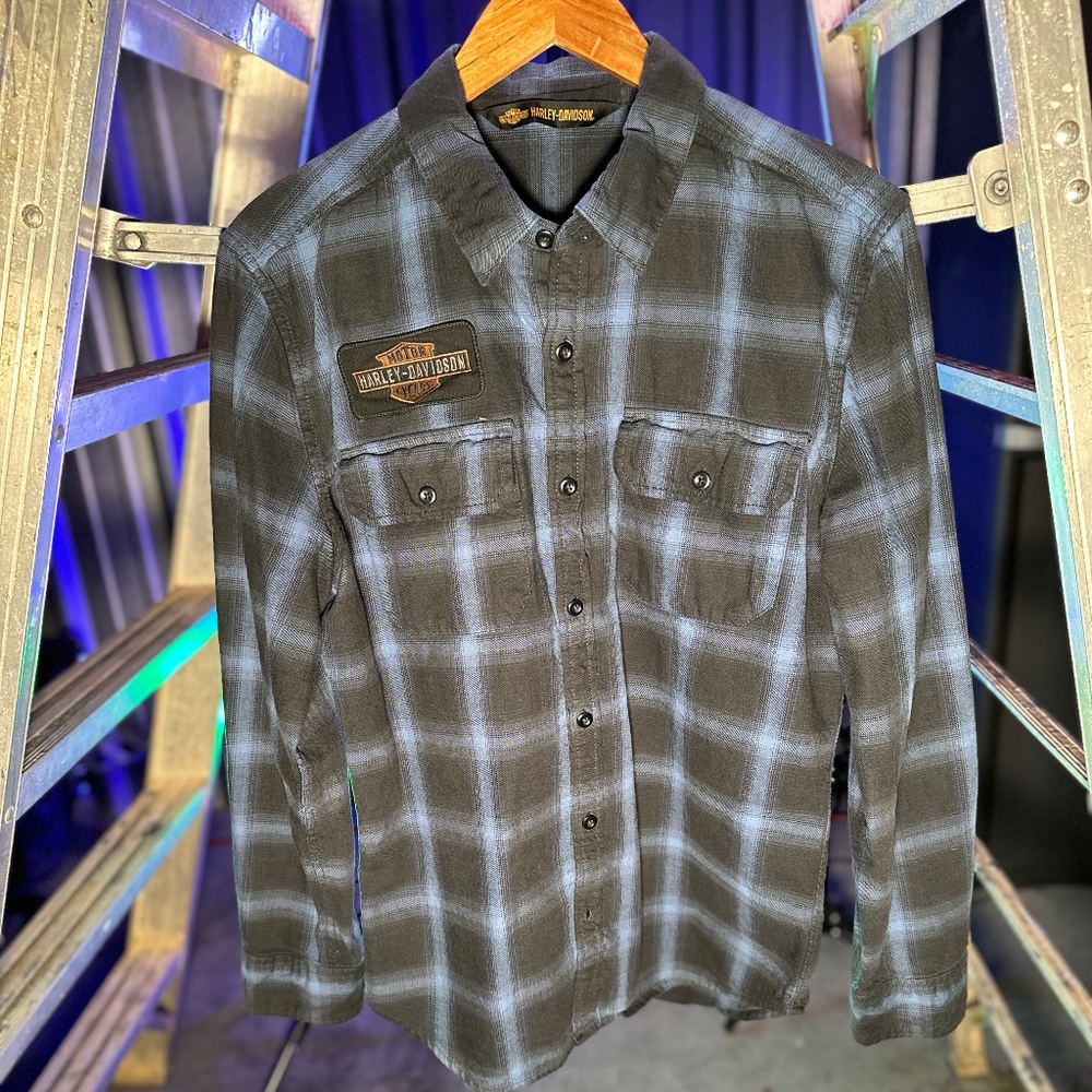 Harley-Davidson Men's Vintage Plaid Long Sleeve Woven Shirt, Black & Blue